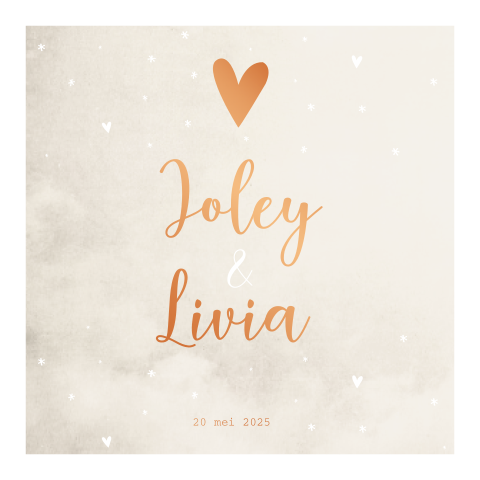 Geboortekaartje tweeling beige gewolkt koperfolie