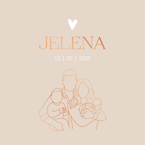 Geboortekaartje Meisje Lijntekening Gezin Koperfolie