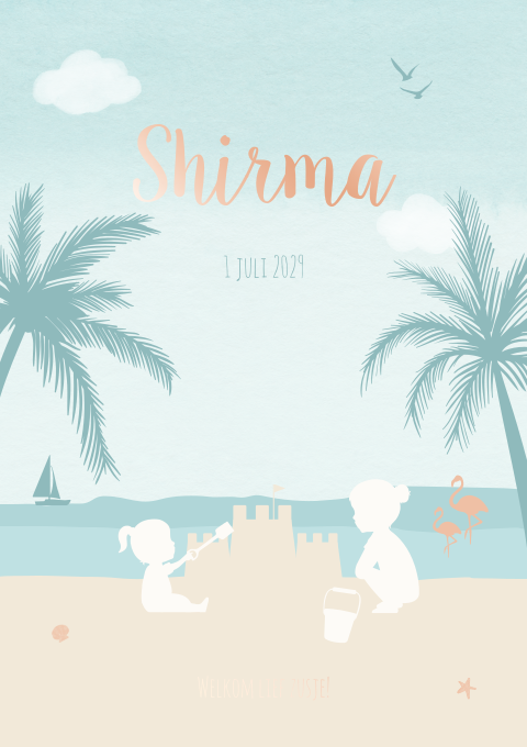 Geboortekaartje Meisje Strand Zee palmbomen