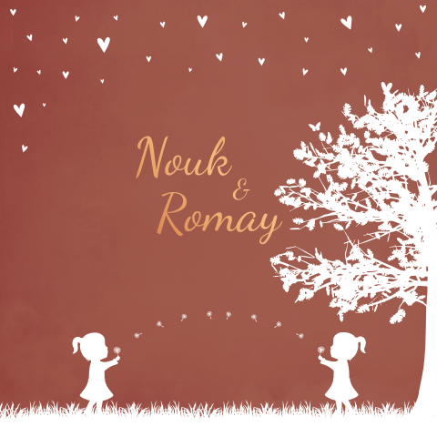 Geboortekaartje tweeling paardenbloemen hartjes