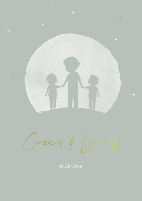 Geboortekaartje Tweelingbroertjes Maan Lijntekening Sterretjes