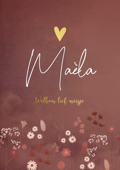 Geboortekaartje Goud Bloemen Hartjes bordeaux