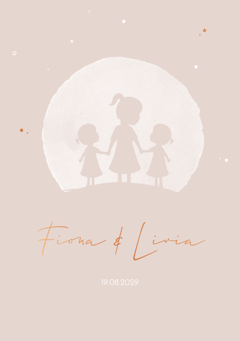 Geboortekaartje Tweelingzusjes Maan Lijntekening Sterretjes