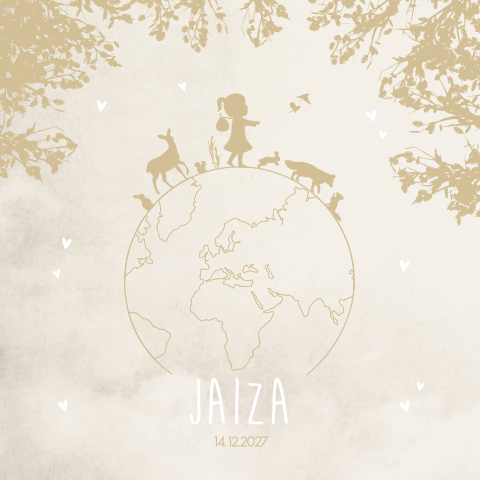 Geboortekaartje meisje bosdieren wereldbol beige