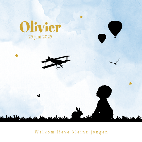 Geboortekaartje jongen blauw watercolor en silhouet baby en vliegtuig