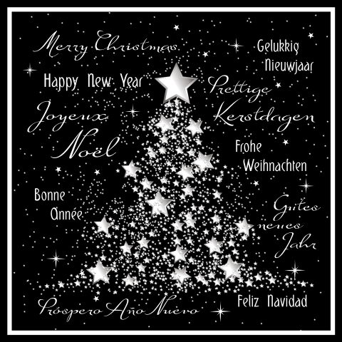 Kerstkaart met internationale tekst en sterrenboom