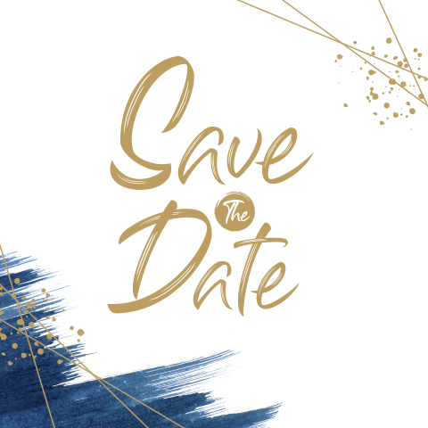 Stoere save the date kaart met blauwe watercolor