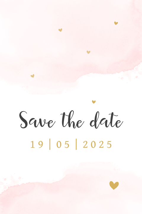 Trendy save the date kaart met roze watercolor en hartjes