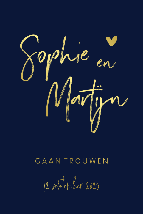 Trouwkaart donkerblauw met tekst in goudfolie