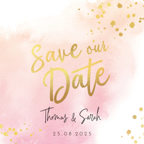 Save the Date kaart watercolor roze met goudfolie look