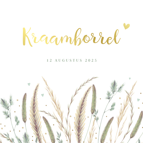 Uitnodiging kraamfeest met droogbloemen en rosé goudfolie