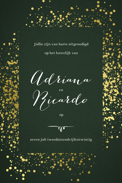 Trouwkaart klassiek met groen velours en gouden spetters