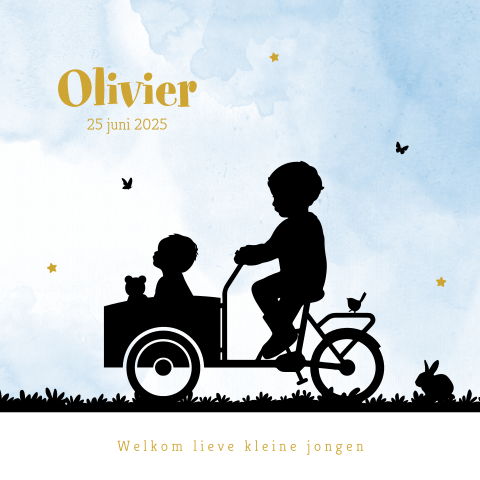 Hip blauw geboortekaartje jongen met silhouet broer en bakfiets