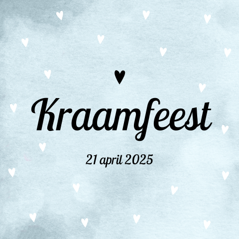 Uitnodiging Kraamfeest met blauwe watercolor en hartjes