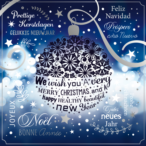 Blauwe kerstkaart met kerstbal, tekst en zilverfolie