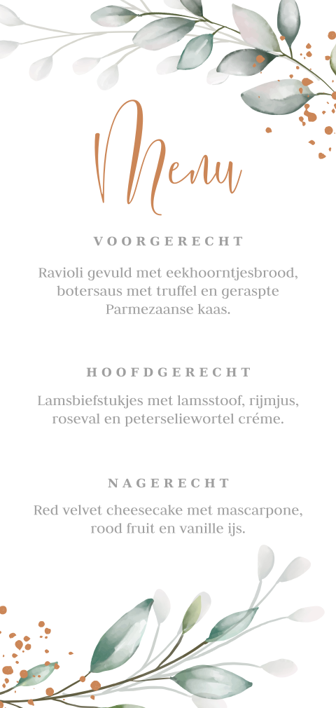 Mooie menukaart met watercolor blaadjes