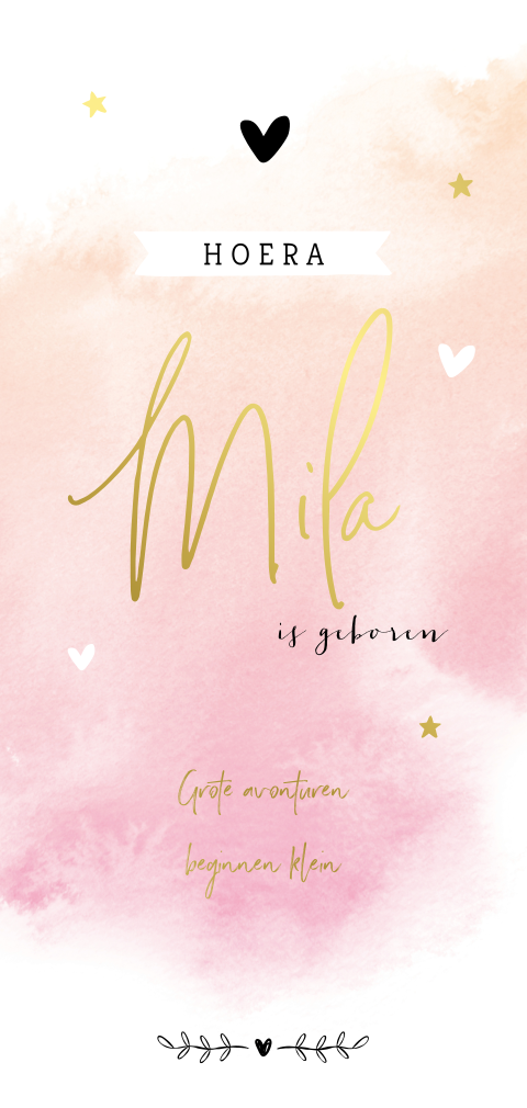 Hip geboortekaartje voor een meisje met roze watercolor en goudfolie