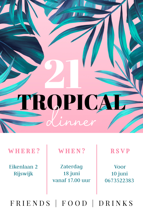 Uitnodiging 21 diner met tropical thema
