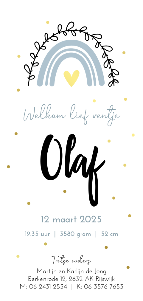 Geboortekaartje in boogvorm met blauwe regenboog en goudfolie