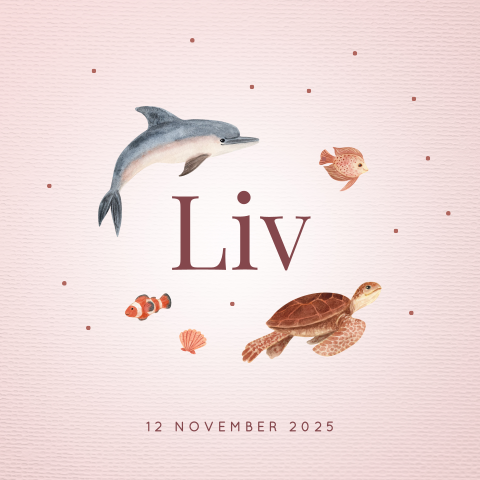 Schattig roze geboortekaartje met watercolor zeedieren