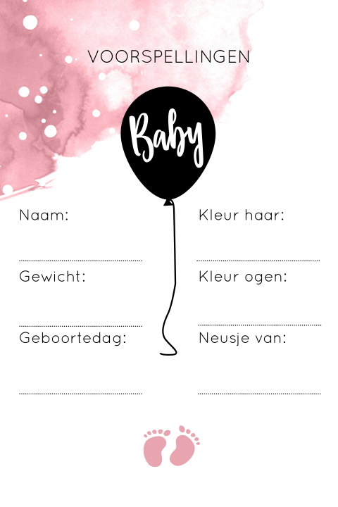 Voorspelling kaartje babyshower met roze watercolor en ballon