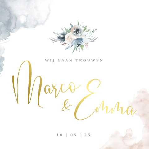 Mooie trouwkaart met watercolor, pastelkleuren, bloemen en goudfolie