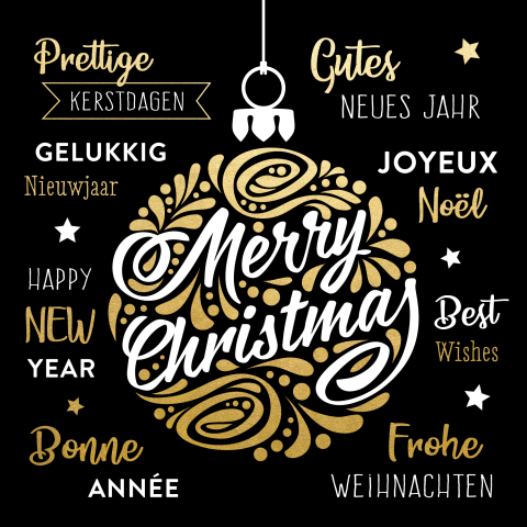 Zwarte kerstkaart met goudfolie look kerstbal en kerstwensen