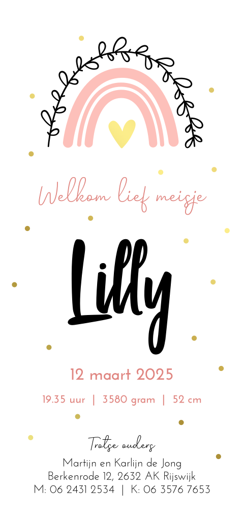 Geboortekaartje in boogvorm met roze regenboog en goudfolie