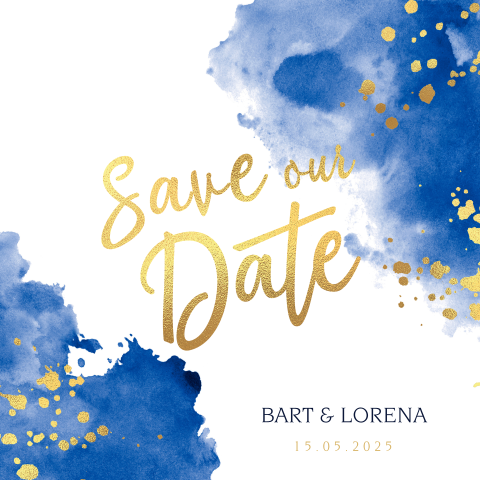 Save the date kaart watercolor blauw met goudfolie look