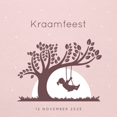Uitnodiging kraamfeest meisje met boom en schommel silhouet