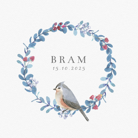 Lief geboortekaartje met krans en vogel