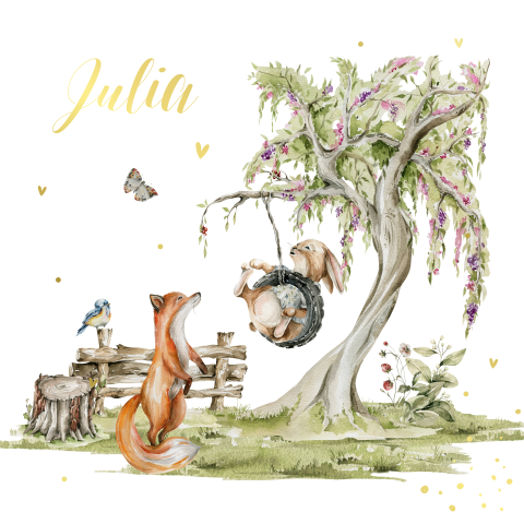 Geboortekaartje watercolor bosdieren boom schommel goudfolie