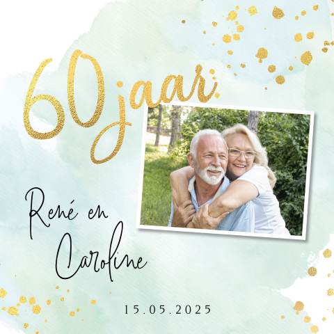 Jubileumkaart watercolor mint 60 jaar getrouwd goudfolie look