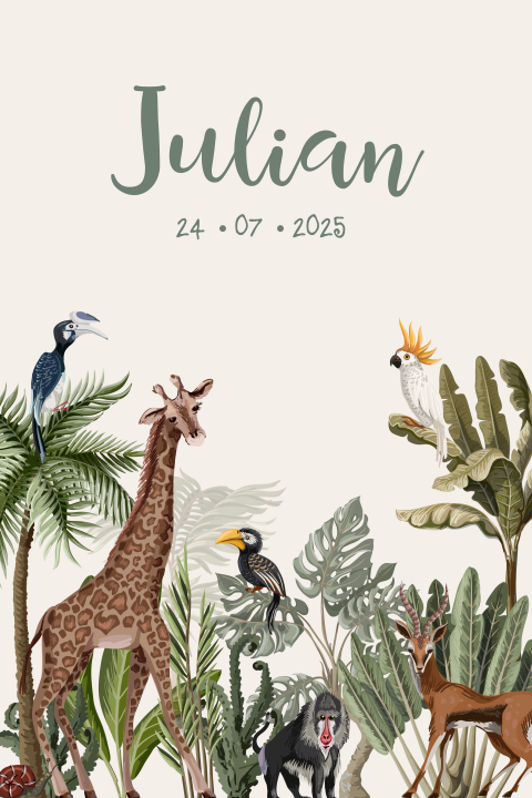 Stoer geboortekaartje met jungle thema