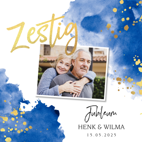Jubileumkaart watercolor blauw 60 jaar getrouwd goudfolie look