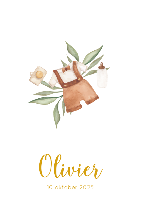 Geboortekaartje voor een jongen met getekend babypakje en ronde hoeken