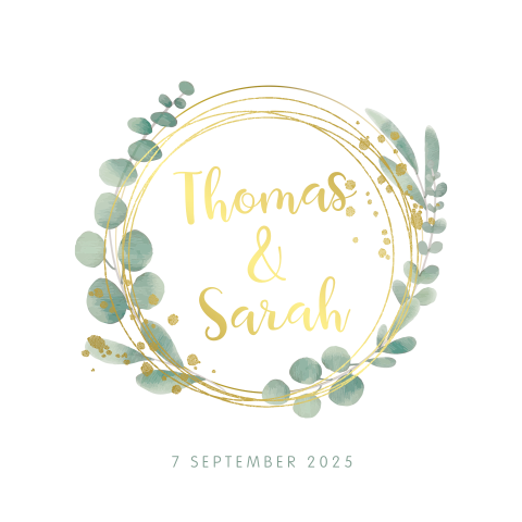 Trendy trouwkaart met goudfolie namen en watercolor blaadjes