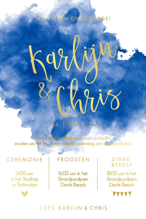 Trouwkaart met blauw watercolor en goudfolie