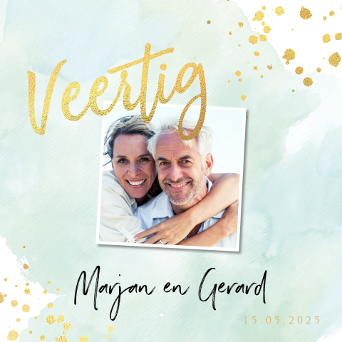 Jubileumkaart watercolor mint 40 jaar getrouwd goudfolie look