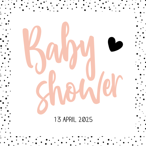 Uitnodiging babyshower met roze tekst en zwarte stipjes
