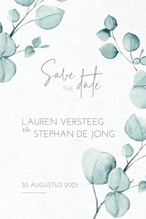 Save the date kaart met eucalyptus takjes in watercolor