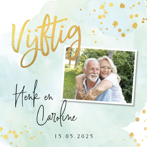 Jubileumkaart watercolor mint 50 jaar getrouwd goudfolie look