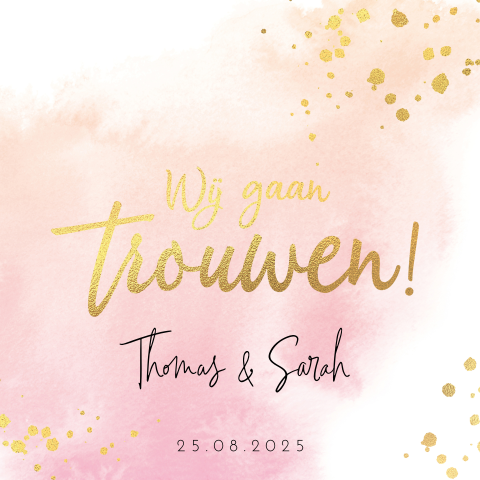 Trouwkaart watercolor roze met goudfolie look