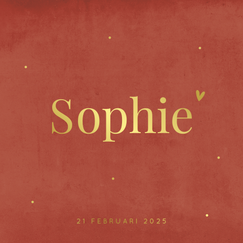 Hip geboortekaartje in terracotta met naam in goudfolie