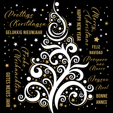 Kerstkaart met boom en kerstwensen