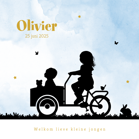 Hip blauw geboortekaartje jongen met silhouet grote zus en bakfiets