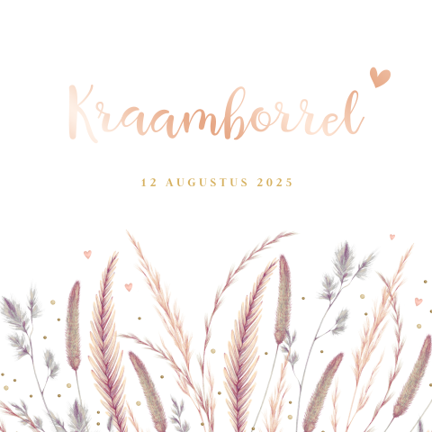 Uitnodiging kraamfeest meisje met droogbloemen en rosé goudfolie