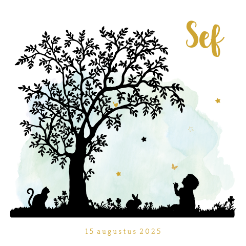 Hip watercolor geboortekaartje met silhouet van een boom en jongentje