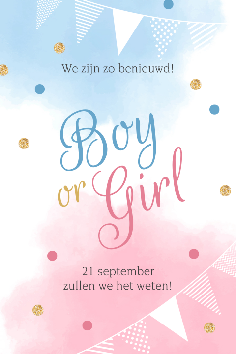 Uitnodiging voor genderreveal met watercolor en vlaggetjes