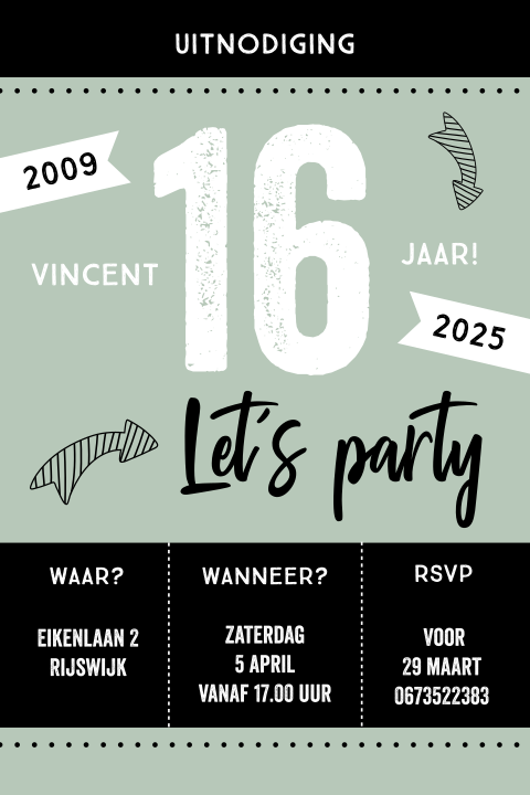 Stoere uitnodiging 16 jaar met rondhoeken